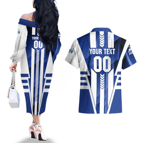 Personalized North Melbourne Kangaroos Couples Matching Off The Shoulder Long Sleeve Dress and Hawaiian Shirt Modern Geometric Sports Graphic Style