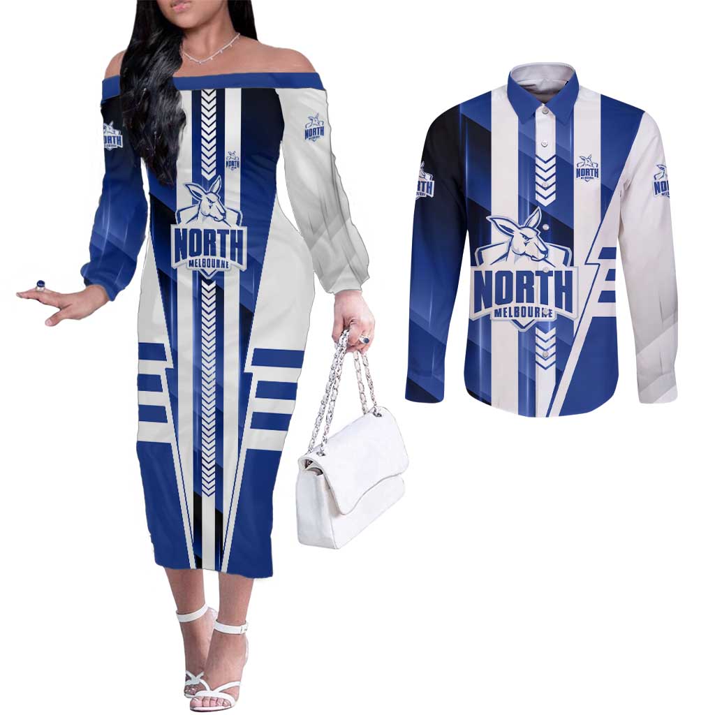 Personalized North Melbourne Kangaroos Couples Matching Off The Shoulder Long Sleeve Dress and Long Sleeve Button Shirt Modern Geometric Sports Graphic Style