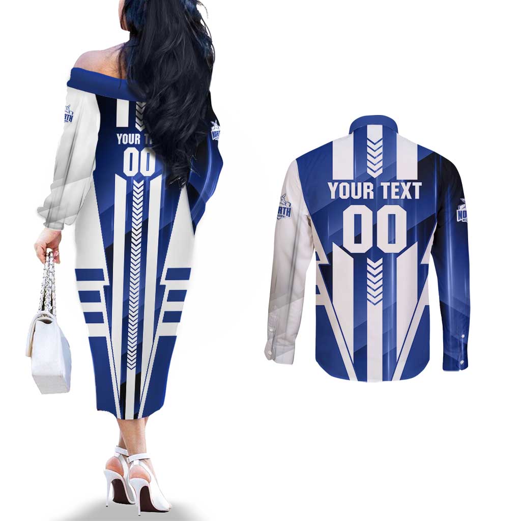 Personalized North Melbourne Kangaroos Couples Matching Off The Shoulder Long Sleeve Dress and Long Sleeve Button Shirt Modern Geometric Sports Graphic Style