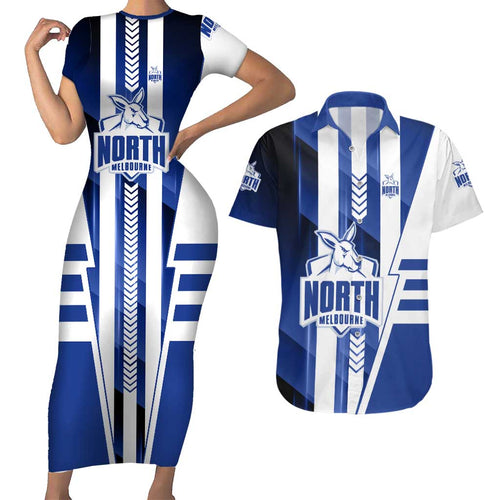 Personalized North Melbourne Kangaroos Couples Matching Short Sleeve Bodycon Dress and Hawaiian Shirt Modern Geometric Sports Graphic Style