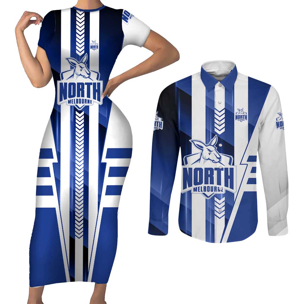 Personalized North Melbourne Kangaroos Couples Matching Short Sleeve Bodycon Dress and Long Sleeve Button Shirt Modern Geometric Sports Graphic Style