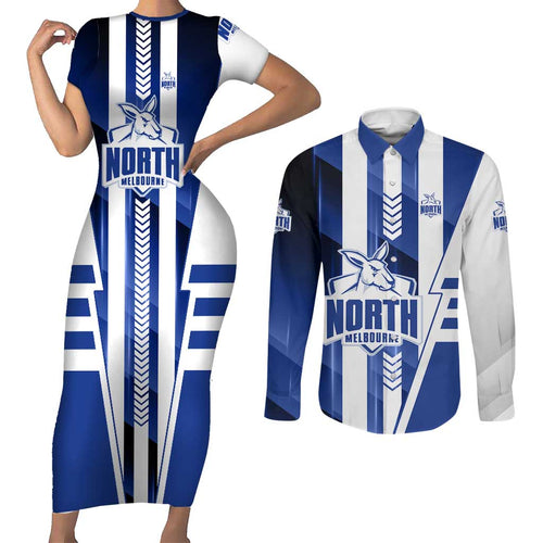 Personalized North Melbourne Kangaroos Couples Matching Short Sleeve Bodycon Dress and Long Sleeve Button Shirt Modern Geometric Sports Graphic Style