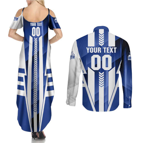Personalized North Melbourne Kangaroos Couples Matching Summer Maxi Dress and Long Sleeve Button Shirt Modern Geometric Sports Graphic Style