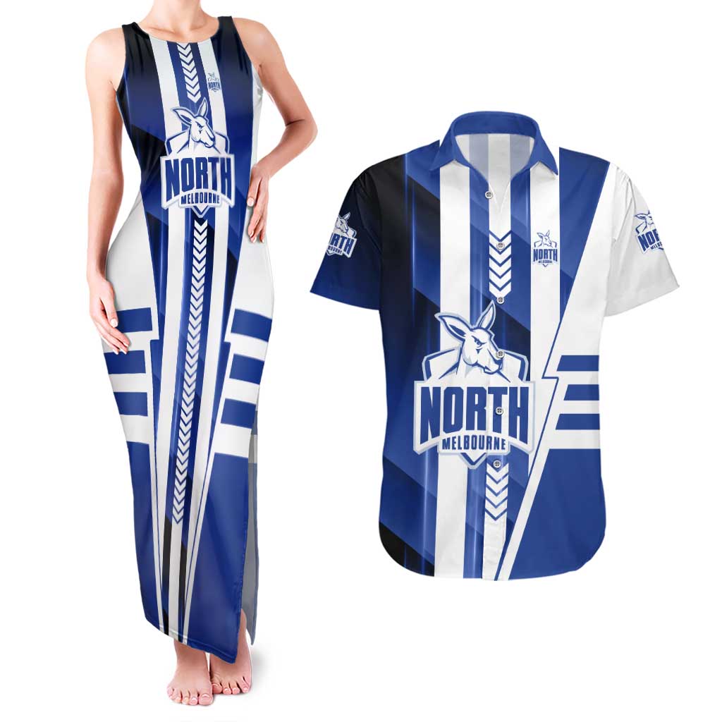 Personalized North Melbourne Kangaroos Couples Matching Tank Maxi Dress and Hawaiian Shirt Modern Geometric Sports Graphic Style