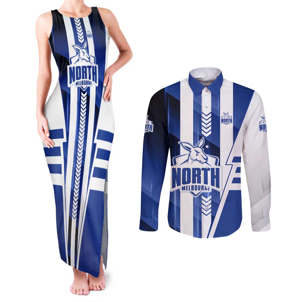 Personalized North Melbourne Kangaroos Couples Matching Tank Maxi Dress and Long Sleeve Button Shirt Modern Geometric Sports Graphic Style