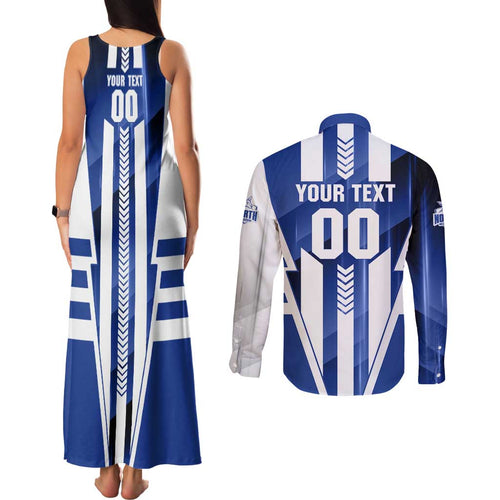 Personalized North Melbourne Kangaroos Couples Matching Tank Maxi Dress and Long Sleeve Button Shirt Modern Geometric Sports Graphic Style