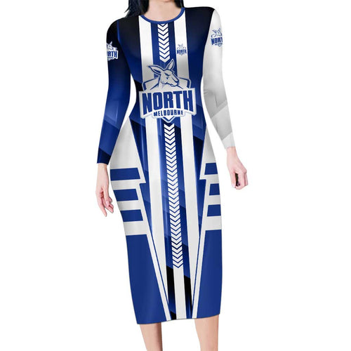 Personalized North Melbourne Kangaroos Family Matching Long Sleeve Bodycon Dress and Hawaiian Shirt Modern Geometric Sports Graphic Style