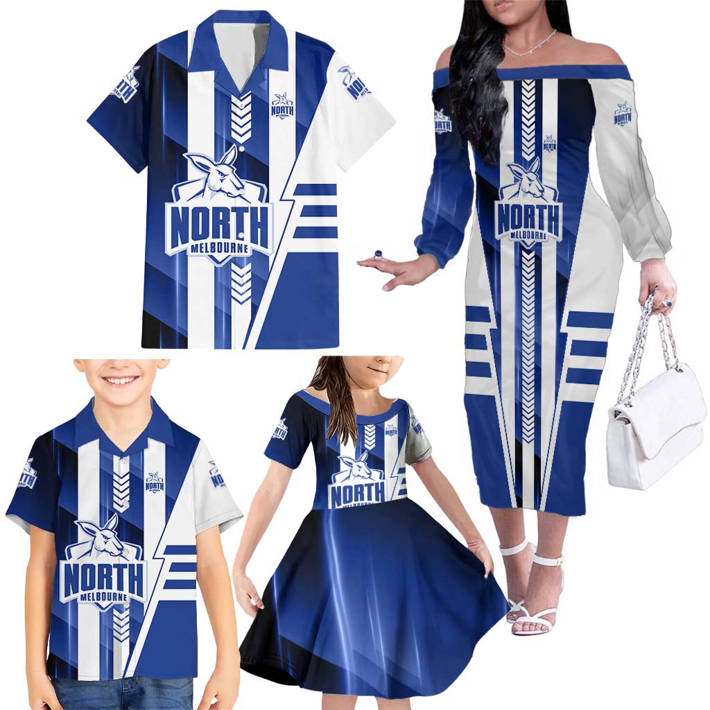 Personalized North Melbourne Kangaroos Family Matching Off The Shoulder Long Sleeve Dress and Hawaiian Shirt Modern Geometric Sports Graphic Style