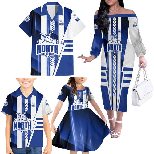 Personalized North Melbourne Kangaroos Family Matching Off The Shoulder Long Sleeve Dress and Hawaiian Shirt Modern Geometric Sports Graphic Style