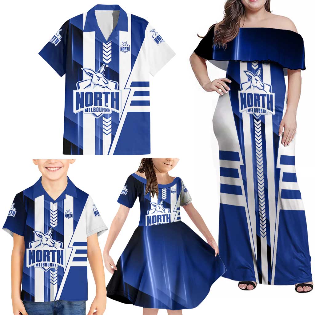 Personalized North Melbourne Kangaroos Family Matching Off Shoulder Maxi Dress and Hawaiian Shirt Modern Geometric Sports Graphic Style