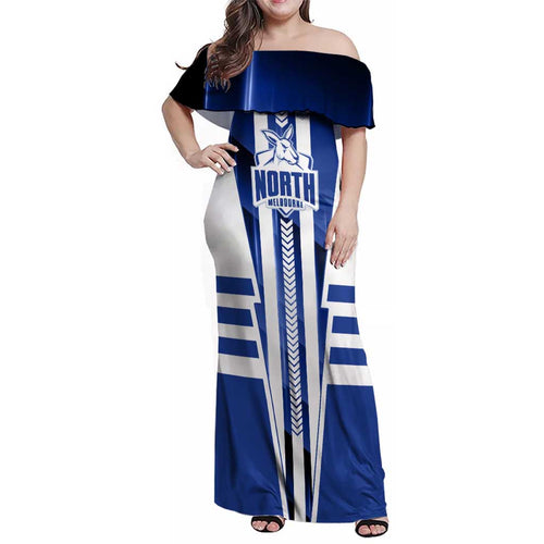 Personalized North Melbourne Kangaroos Family Matching Off Shoulder Maxi Dress and Hawaiian Shirt Modern Geometric Sports Graphic Style