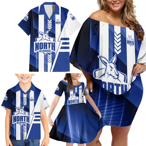 Personalized North Melbourne Kangaroos Family Matching Off Shoulder Short Dress and Hawaiian Shirt Modern Geometric Sports Graphic Style