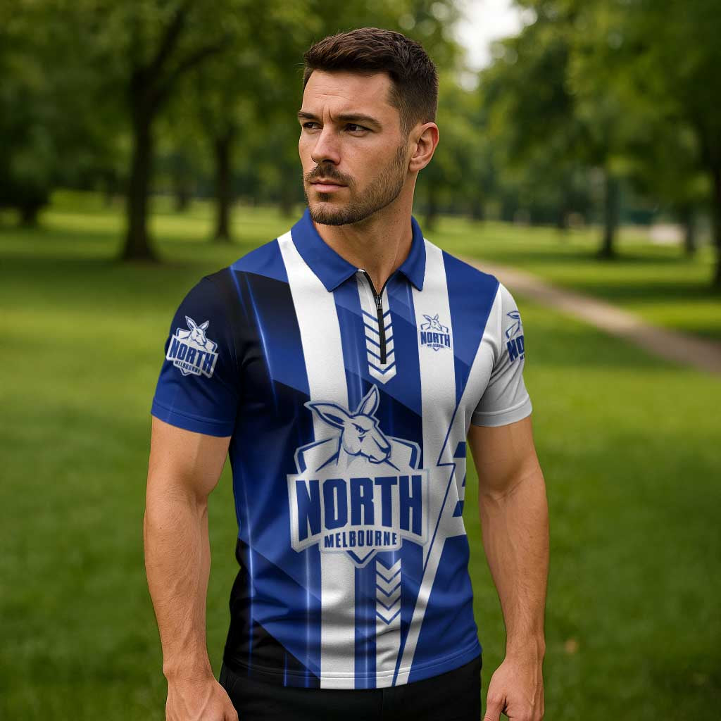 Personalized North Melbourne Kangaroos Zipper Polo Shirt Modern Geometric Sports Graphic Style