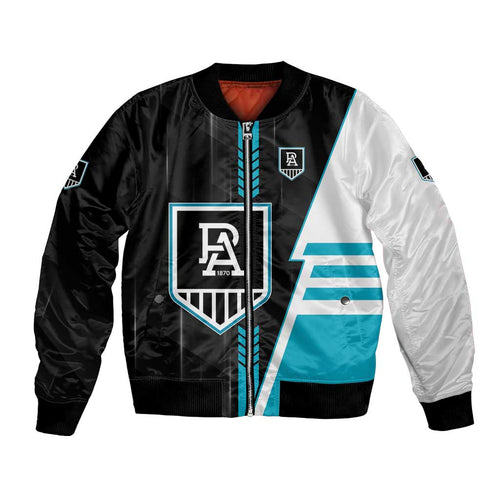 Personalized Port Adelaide Power Bomber Jacket Modern Geometric Sports Graphic Style