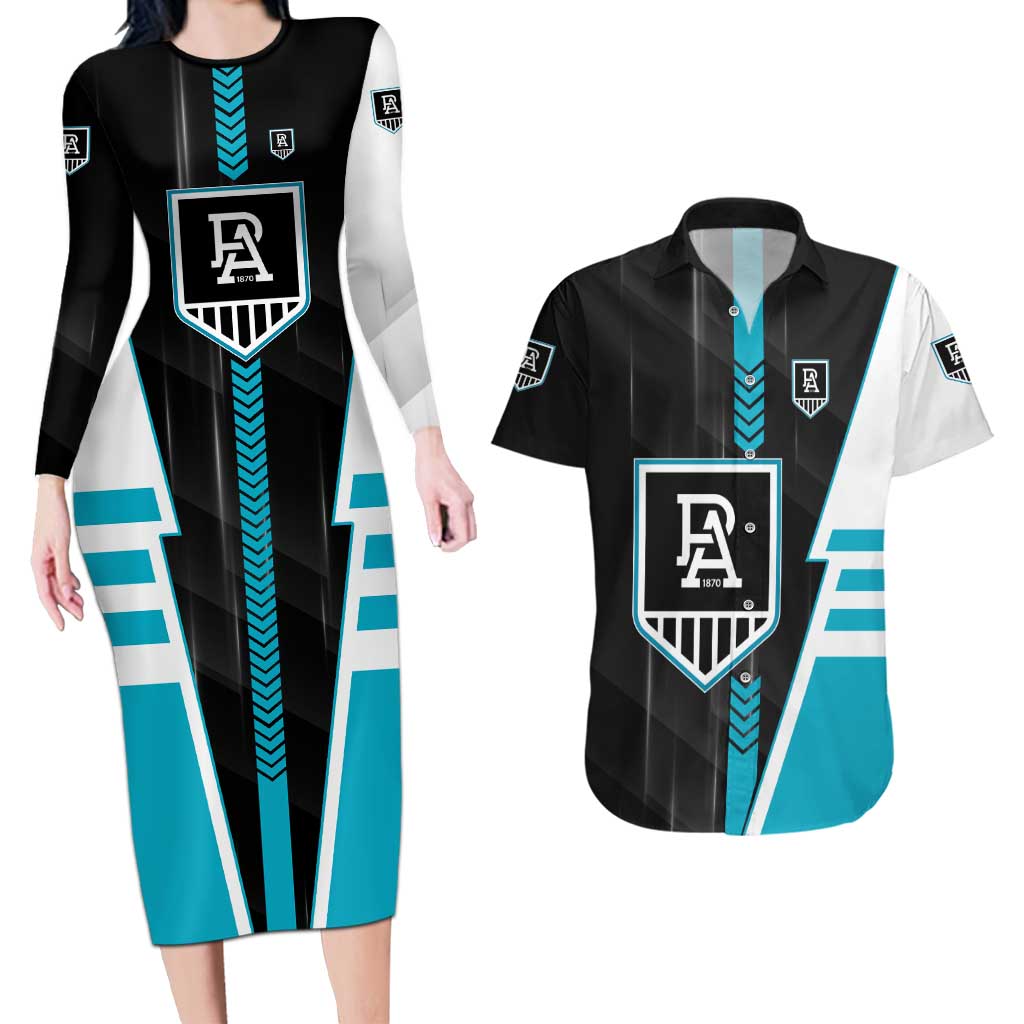 Personalized Port Adelaide Power Couples Matching Long Sleeve Bodycon Dress and Hawaiian Shirt Modern Geometric Sports Graphic Style