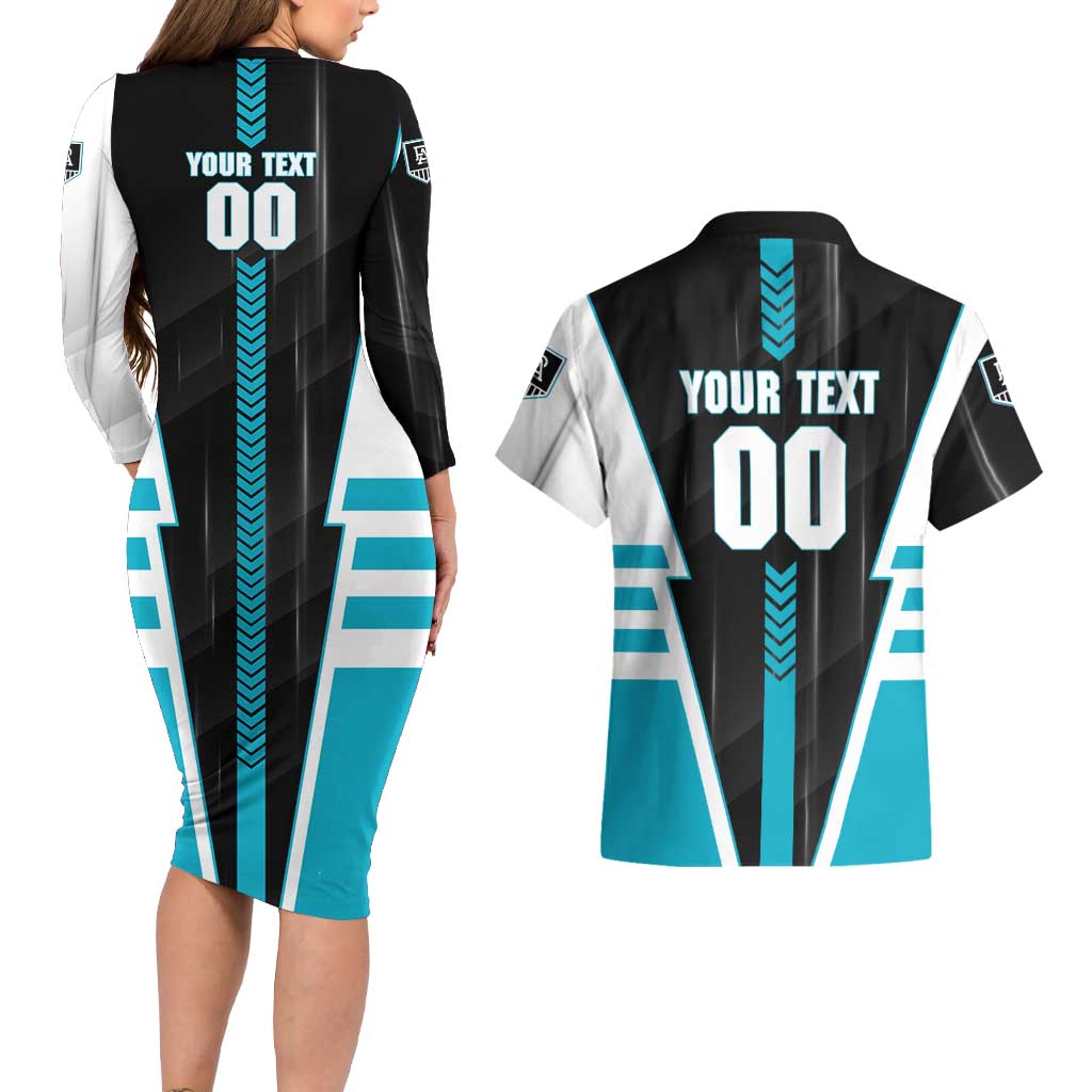 Personalized Port Adelaide Power Couples Matching Long Sleeve Bodycon Dress and Hawaiian Shirt Modern Geometric Sports Graphic Style
