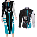 Personalized Port Adelaide Power Couples Matching Long Sleeve Bodycon Dress and Long Sleeve Button Shirt Modern Geometric Sports Graphic Style