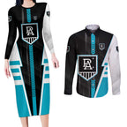 Personalized Port Adelaide Power Couples Matching Long Sleeve Bodycon Dress and Long Sleeve Button Shirt Modern Geometric Sports Graphic Style