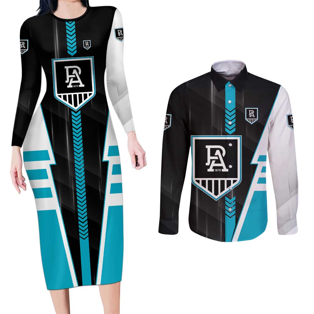 Personalized Port Adelaide Power Couples Matching Long Sleeve Bodycon Dress and Long Sleeve Button Shirt Modern Geometric Sports Graphic Style