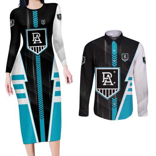 Personalized Port Adelaide Power Couples Matching Long Sleeve Bodycon Dress and Long Sleeve Button Shirt Modern Geometric Sports Graphic Style