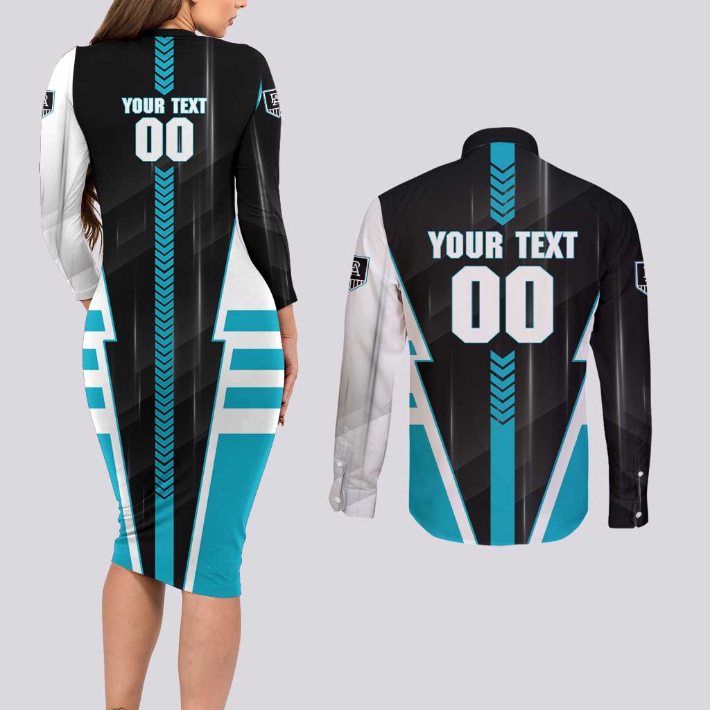 Personalized Port Adelaide Power Couples Matching Long Sleeve Bodycon Dress and Long Sleeve Button Shirt Modern Geometric Sports Graphic Style