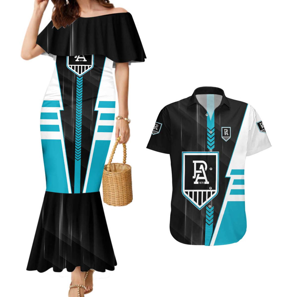 Personalized Port Adelaide Power Couples Matching Mermaid Dress and Hawaiian Shirt Modern Geometric Sports Graphic Style