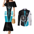 Personalized Port Adelaide Power Couples Matching Mermaid Dress and Long Sleeve Button Shirt Modern Geometric Sports Graphic Style