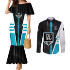 Personalized Port Adelaide Power Couples Matching Mermaid Dress and Long Sleeve Button Shirt Modern Geometric Sports Graphic Style