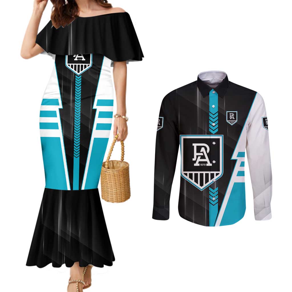 Personalized Port Adelaide Power Couples Matching Mermaid Dress and Long Sleeve Button Shirt Modern Geometric Sports Graphic Style