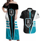 Personalized Port Adelaide Power Couples Matching Off Shoulder Maxi Dress and Hawaiian Shirt Modern Geometric Sports Graphic Style