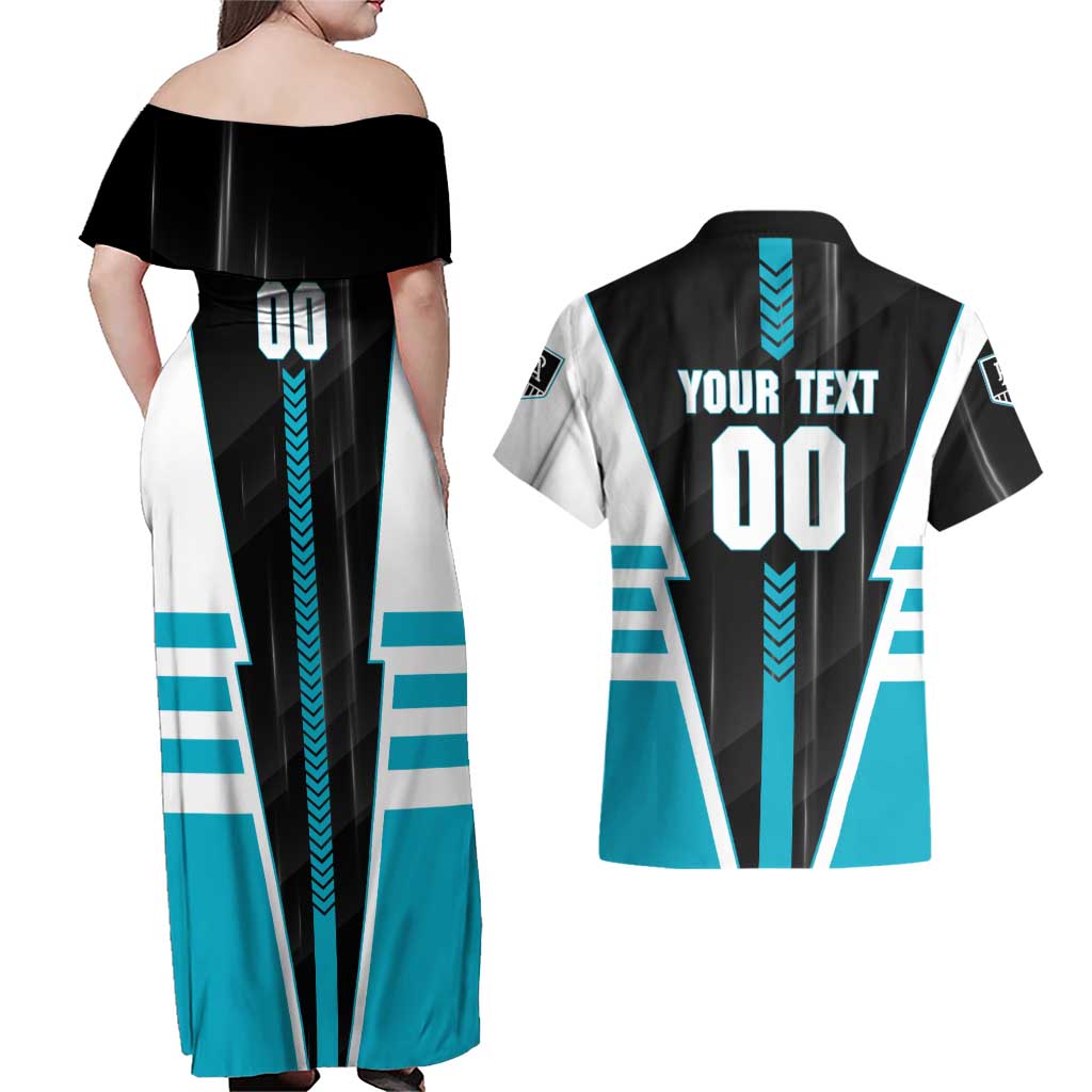 Personalized Port Adelaide Power Couples Matching Off Shoulder Maxi Dress and Hawaiian Shirt Modern Geometric Sports Graphic Style