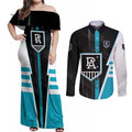 Personalized Port Adelaide Power Couples Matching Off Shoulder Maxi Dress and Long Sleeve Button Shirt Modern Geometric Sports Graphic Style