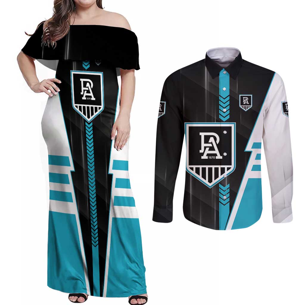Personalized Port Adelaide Power Couples Matching Off Shoulder Maxi Dress and Long Sleeve Button Shirt Modern Geometric Sports Graphic Style