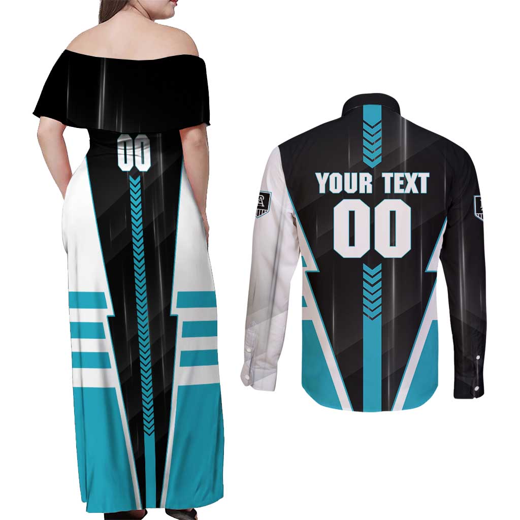 Personalized Port Adelaide Power Couples Matching Off Shoulder Maxi Dress and Long Sleeve Button Shirt Modern Geometric Sports Graphic Style