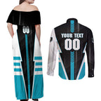Personalized Port Adelaide Power Couples Matching Off Shoulder Maxi Dress and Long Sleeve Button Shirt Modern Geometric Sports Graphic Style