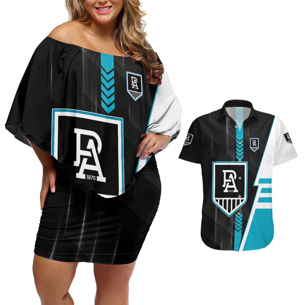 Personalized Port Adelaide Power Couples Matching Off Shoulder Short Dress and Hawaiian Shirt Modern Geometric Sports Graphic Style