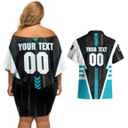 Personalized Port Adelaide Power Couples Matching Off Shoulder Short Dress and Hawaiian Shirt Modern Geometric Sports Graphic Style