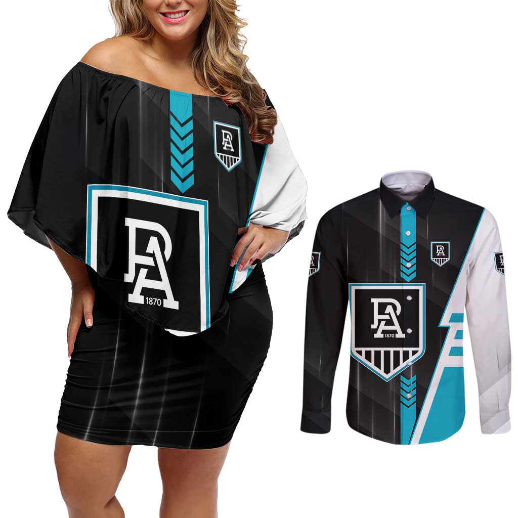 Personalized Port Adelaide Power Couples Matching Off Shoulder Short Dress and Long Sleeve Button Shirt Modern Geometric Sports Graphic Style