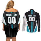 Personalized Port Adelaide Power Couples Matching Off Shoulder Short Dress and Long Sleeve Button Shirt Modern Geometric Sports Graphic Style
