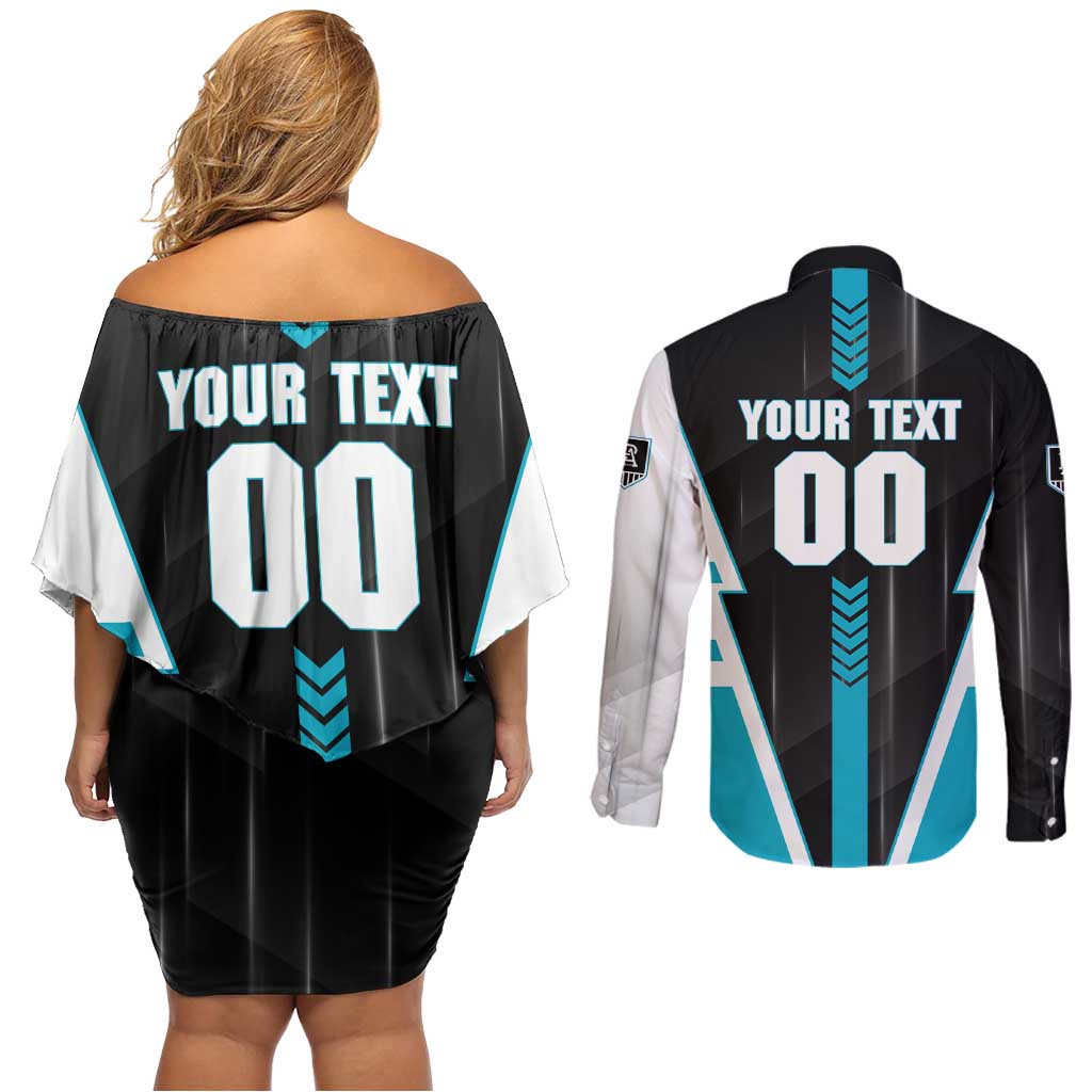Personalized Port Adelaide Power Couples Matching Off Shoulder Short Dress and Long Sleeve Button Shirt Modern Geometric Sports Graphic Style