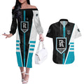 Personalized Port Adelaide Power Couples Matching Off The Shoulder Long Sleeve Dress and Hawaiian Shirt Modern Geometric Sports Graphic Style