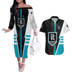 Personalized Port Adelaide Power Couples Matching Off The Shoulder Long Sleeve Dress and Hawaiian Shirt Modern Geometric Sports Graphic Style