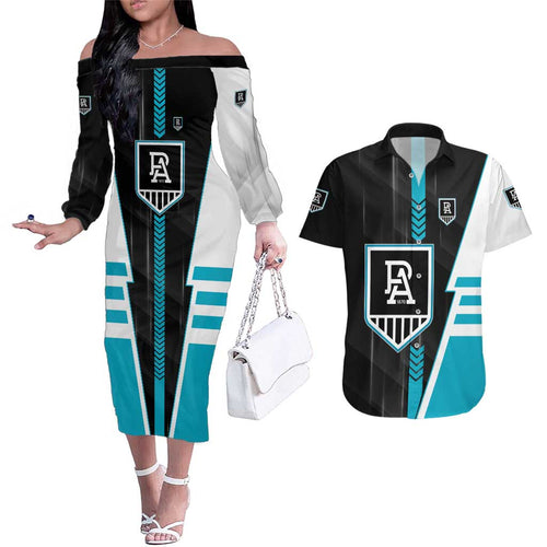 Personalized Port Adelaide Power Couples Matching Off The Shoulder Long Sleeve Dress and Hawaiian Shirt Modern Geometric Sports Graphic Style