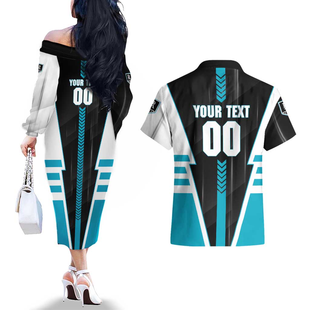 Personalized Port Adelaide Power Couples Matching Off The Shoulder Long Sleeve Dress and Hawaiian Shirt Modern Geometric Sports Graphic Style
