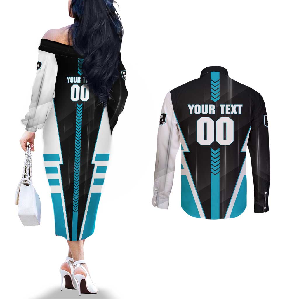 Personalized Port Adelaide Power Couples Matching Off The Shoulder Long Sleeve Dress and Long Sleeve Button Shirt Modern Geometric Sports Graphic Style
