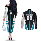 Personalized Port Adelaide Power Couples Matching Off The Shoulder Long Sleeve Dress and Long Sleeve Button Shirt Modern Geometric Sports Graphic Style
