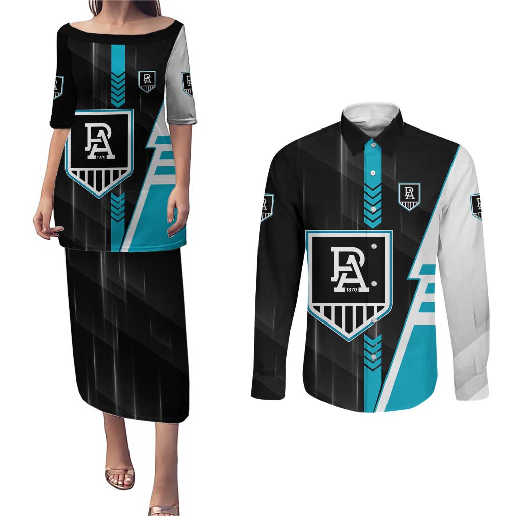Personalized Port Adelaide Power Couples Matching Puletasi and Long Sleeve Button Shirt Modern Geometric Sports Graphic Style