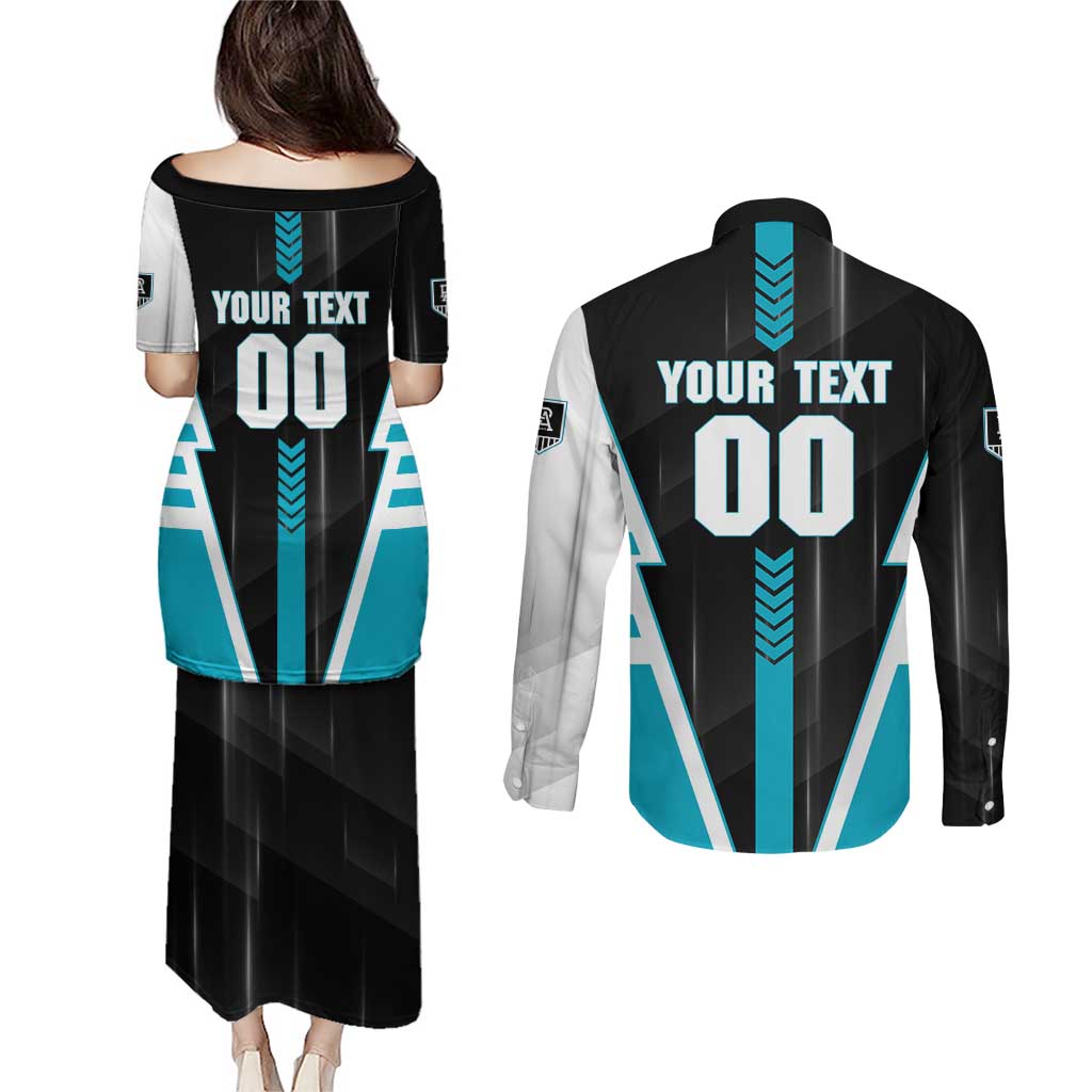 Personalized Port Adelaide Power Couples Matching Puletasi and Long Sleeve Button Shirt Modern Geometric Sports Graphic Style
