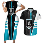 Personalized Port Adelaide Power Couples Matching Short Sleeve Bodycon Dress and Hawaiian Shirt Modern Geometric Sports Graphic Style