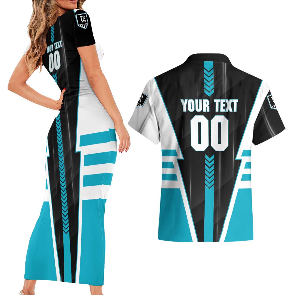 Personalized Port Adelaide Power Couples Matching Short Sleeve Bodycon Dress and Hawaiian Shirt Modern Geometric Sports Graphic Style